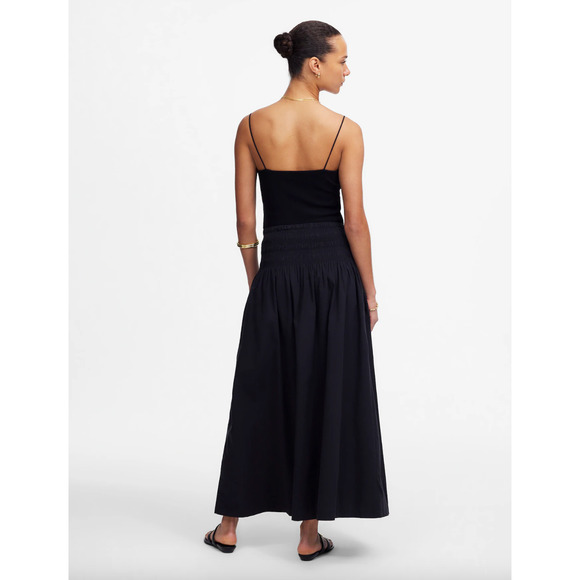 Madewell Smocked Waist Poplin Midi Skirt Cotton A Line Black Pockets XL NWT - Picture 4 of 15